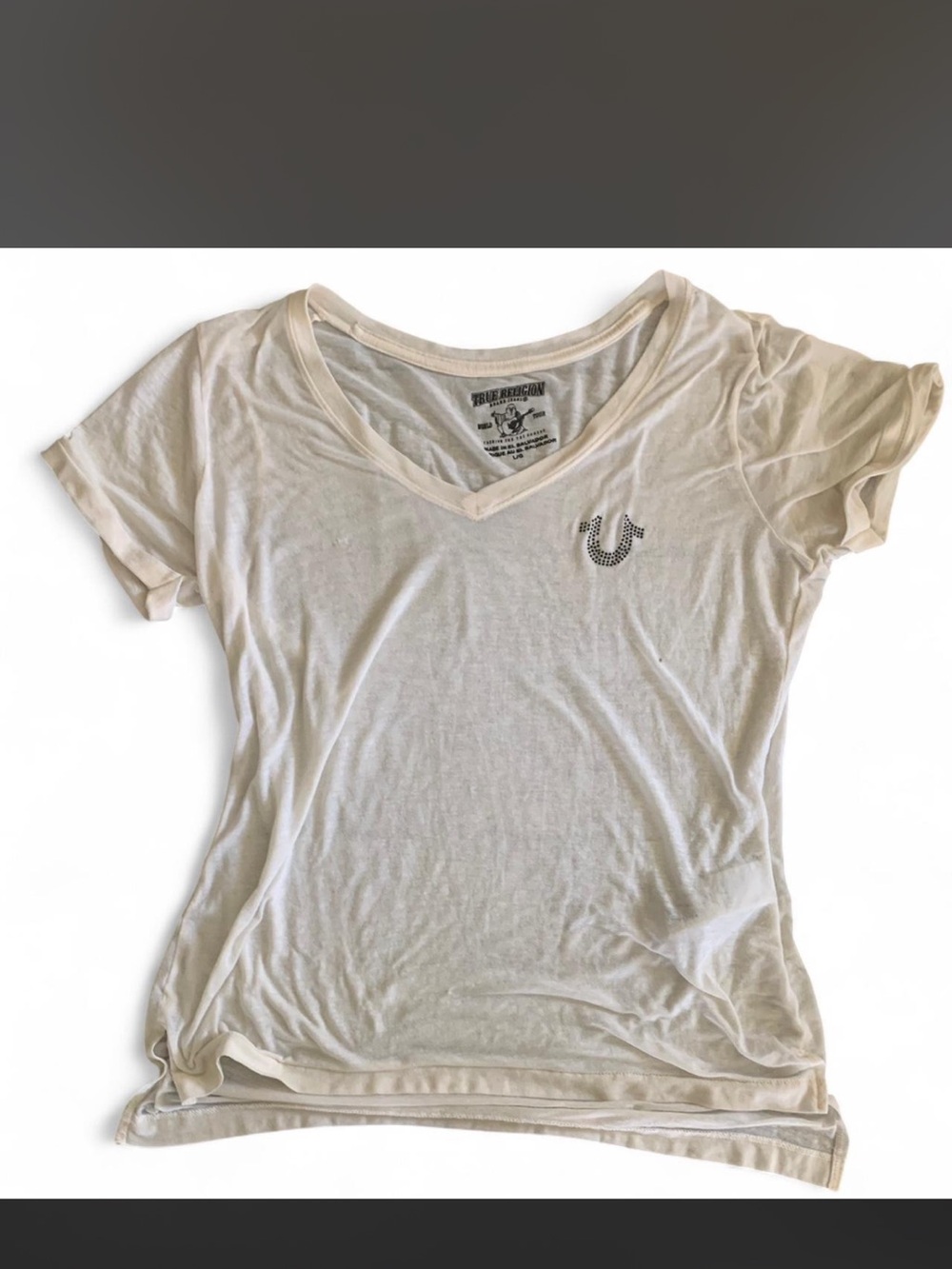 True Religion Cream Short Sleeve V-Neck Logo Tee
